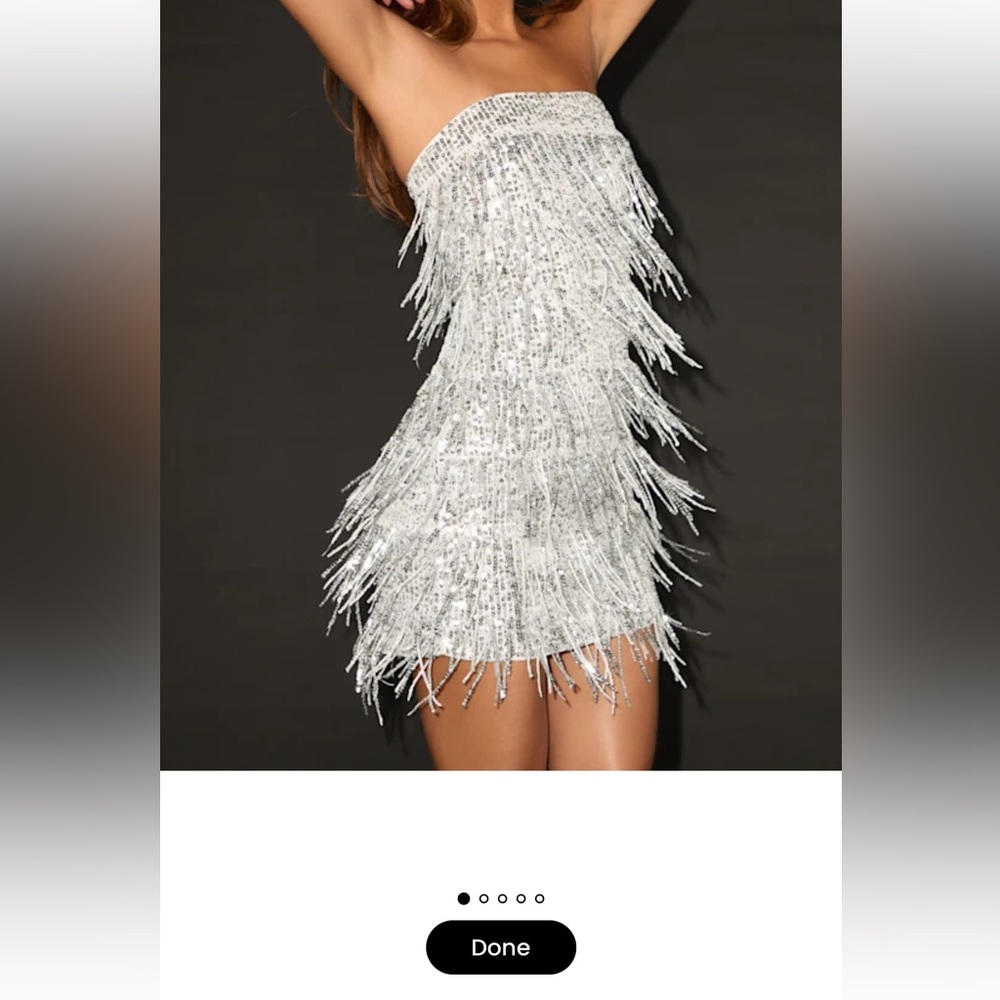 Silver Sequin Fringe Strapless Mini Dress